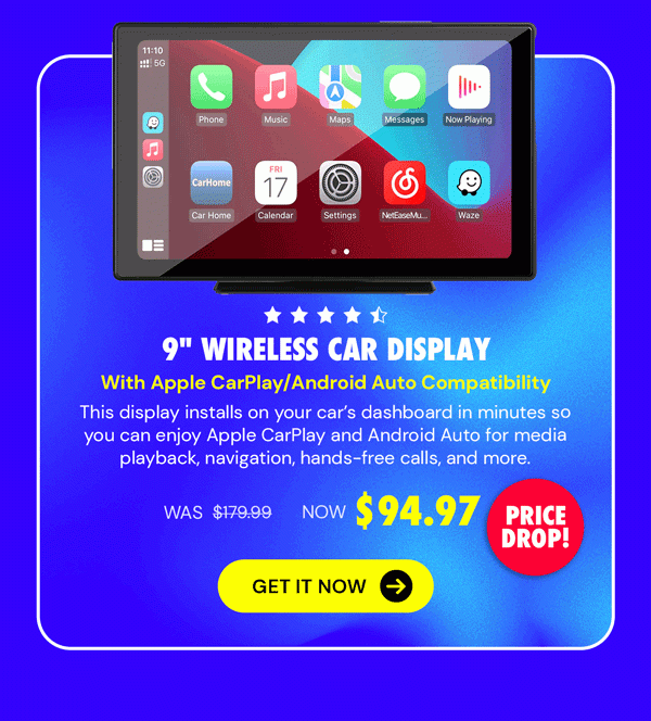 9" Wireless Car Display with Apple CarPlay/Android Auto Compatibility & Phone Mirroring