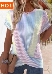 ROTITA Cross Hem Striped Multi Color Round Neck T Shirt