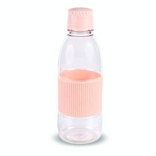 Clear plastic bottle with pink grips and tops