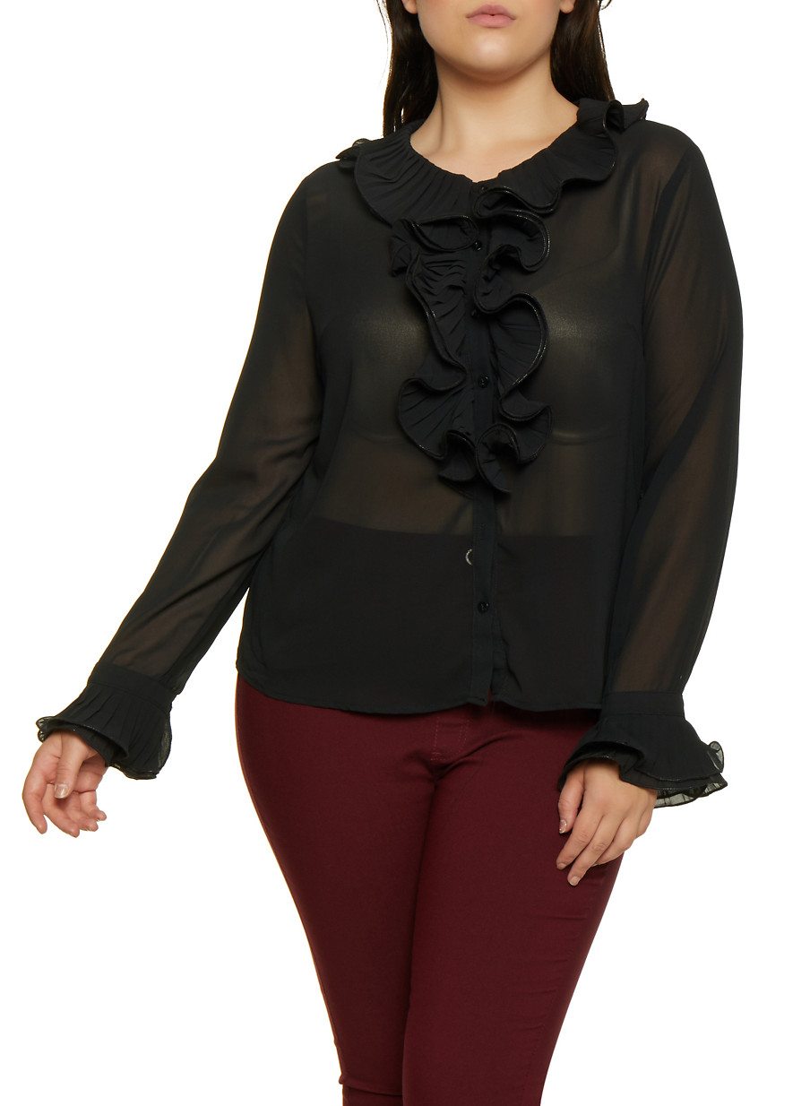 Plus Size Pleated Ruffle Blouse