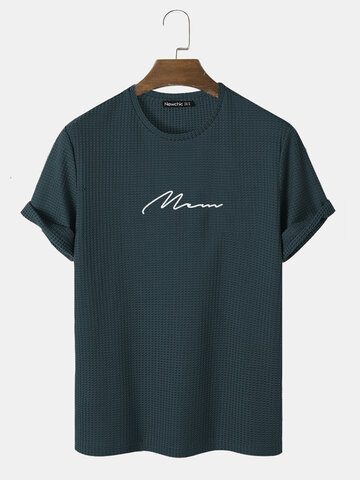 Script Embroidered Knit Texture T-Shirts