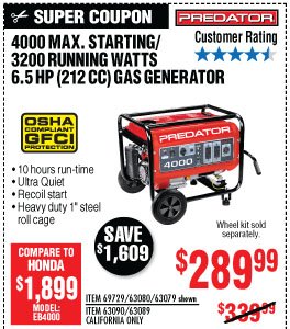 4000 Max Starting/3200 Running Watts, 6.5 HP (212cc) Generator EPA III with GFCI Outlet Protection