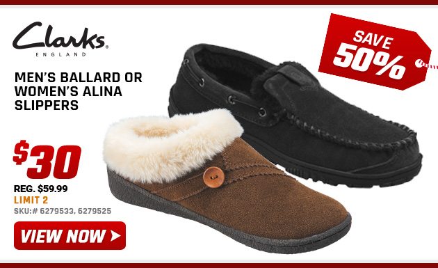 Clarks Men's Ballard or Women's Alina Slippers