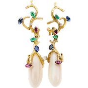 Late-Midcentury Coral Teardrop Earrings with Gemstones