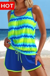 Patchwork Wave Pattern Print Neon Green Tankini Set