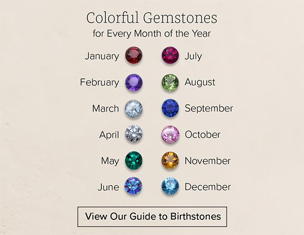 Colorful Gemstones for Every Month of the Year - January • February • March • April • May • June • July • August • September • October • November • December - View Our Guide to Birthstones