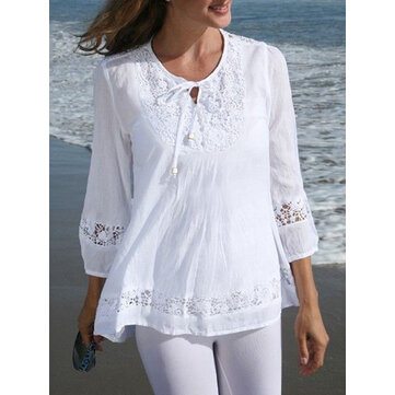 Solid Lace Splicing Knotted Hollow Out 3/4 Sleeve Blouse