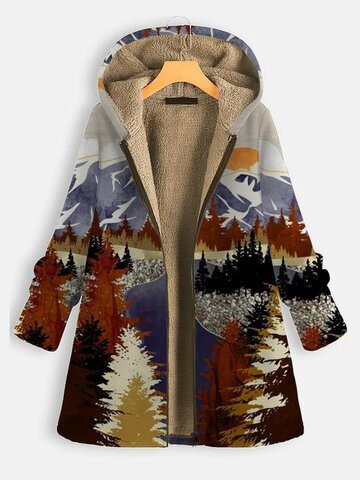 Landscape Print Hooded Thick Coat