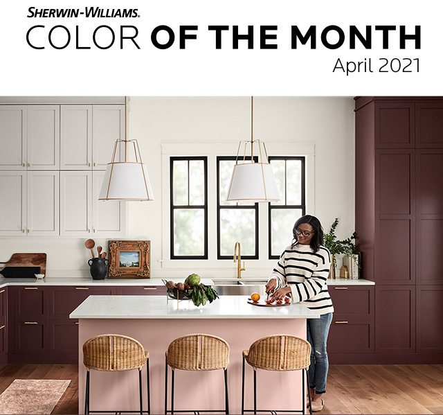 Sherwin-Williams Color of the Month April 2021. Image of a kitchen painted in Carnelian