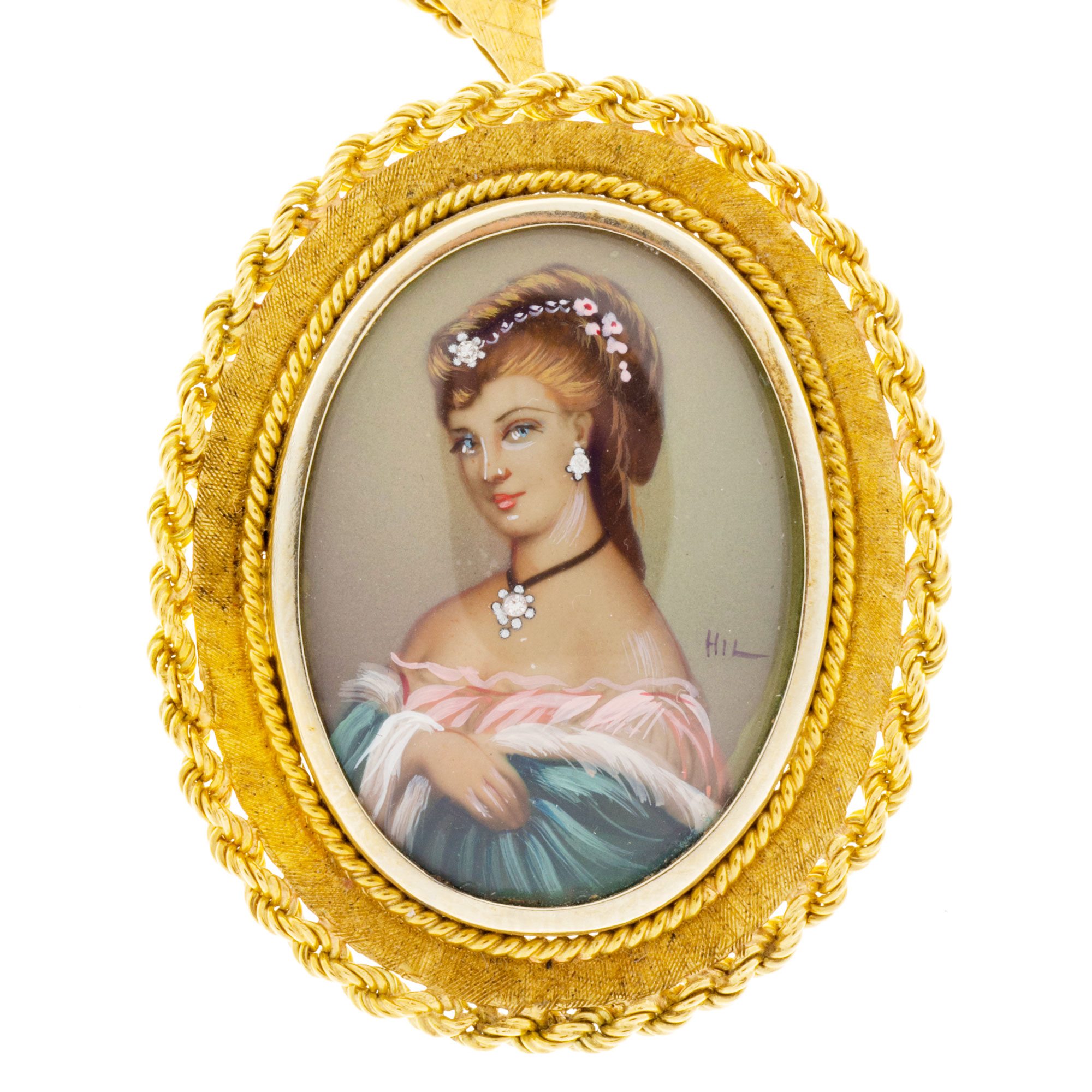 Image of Vintage 18K Yellow Gold with 0.03ct Diamond Portrait Painting Pendant Necklace