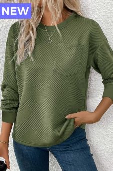 Olive Green Jacquard Long Sleeve Round Neck Sweatshirt