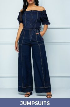 Button Belted Navy Long Off Shoulder Jumpsuit