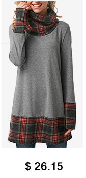 Plaid Print Long Sleeve Cowl Neck T Shirt