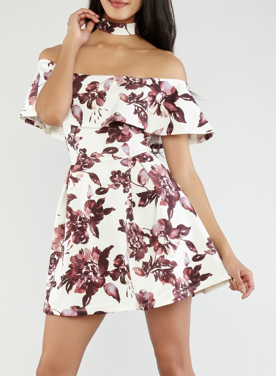 Floral Choker Neck Skater Dress