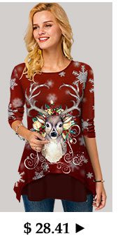 Christmas Elk Print Round Neck Long Sleeve T Shirt