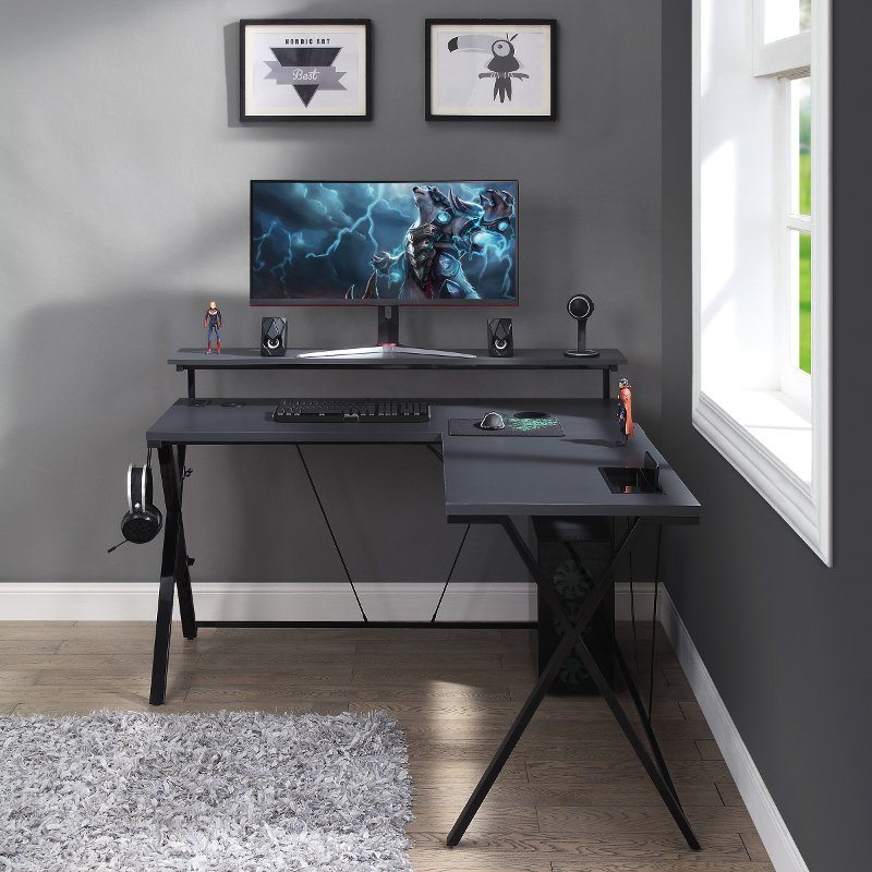 Black L-Shaped Gaming Desk with LED Lights - Checkpoint Battle Station