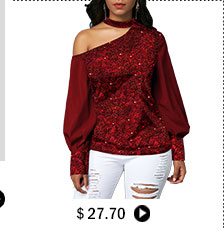 Cutout Shoulder Sequin Embellished Wine Red Blouse