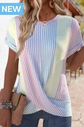 Multi Color Cross Hem Striped Short Sleeve T Shirt