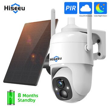Hiseeu 1080P Cloud AI WiFi Video Security Surveillance Camera Rechargeable Battery with Solar Panel Outdoor Pan & Tilt Wireless