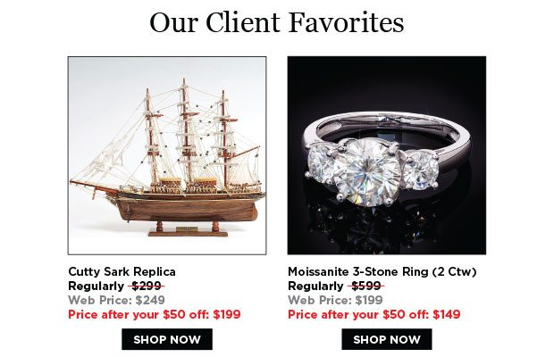 Client Favorites-Cutty Sark Replica and Moissanite 3-Stone Ring