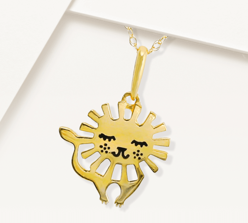 Children's Black Enamel Lion Necklace 14K Yellow Gold 13''