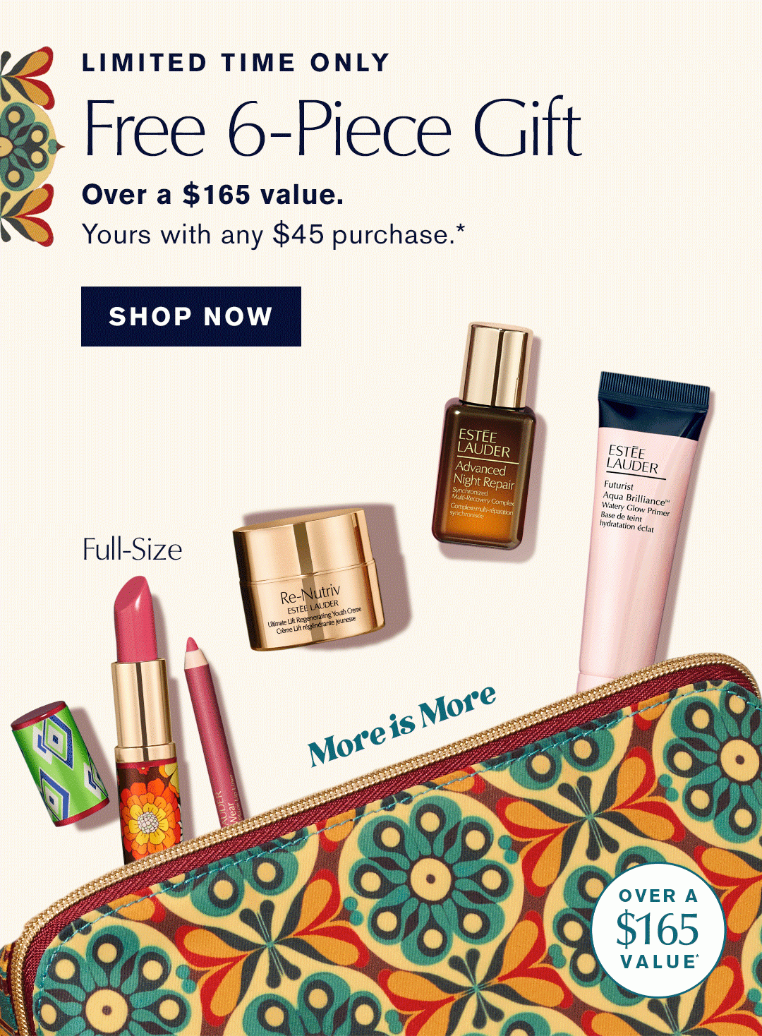 LIMITED TIME ONLY | Free 6 Piece Gift | Over a $165 value. | yours with any $45 Purchase.*| Full-size | More is More| Over a $165 Value* | SHOP NOW 