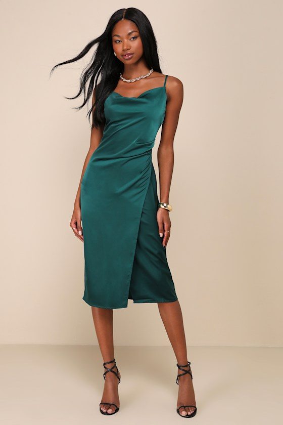 Image of Hollywood Woman Forest Green Satin Midi Dress