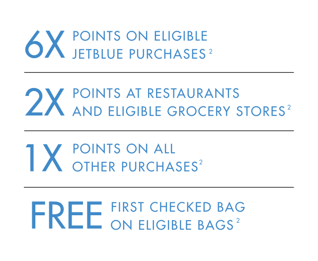 6x points on JetBlue purchases | 2x Points at Restaurants and Eligible Grocery Stores (2) | 1x Points on all other purchases (2) | Free first checked bag on eligible bags (2)