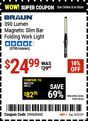 390 Lumen Magnetic Slim Bar Folding Work Light