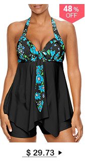 Open Back Printed Asymmetric Hem Tankini Set