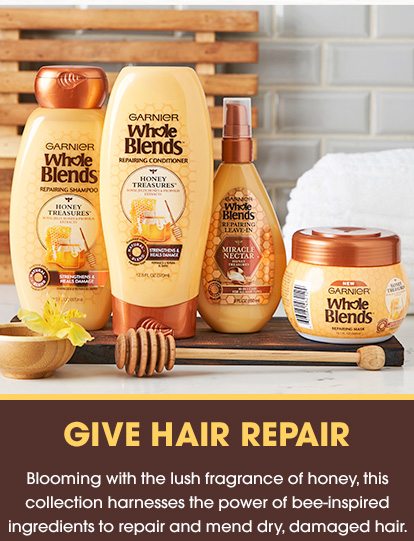 GIVE HAIR REPAIR - Blooming with the lush fragrance of honey, this collection harnesses the power of bee-inspired ingredients to repair and mend dry, damaged hair.