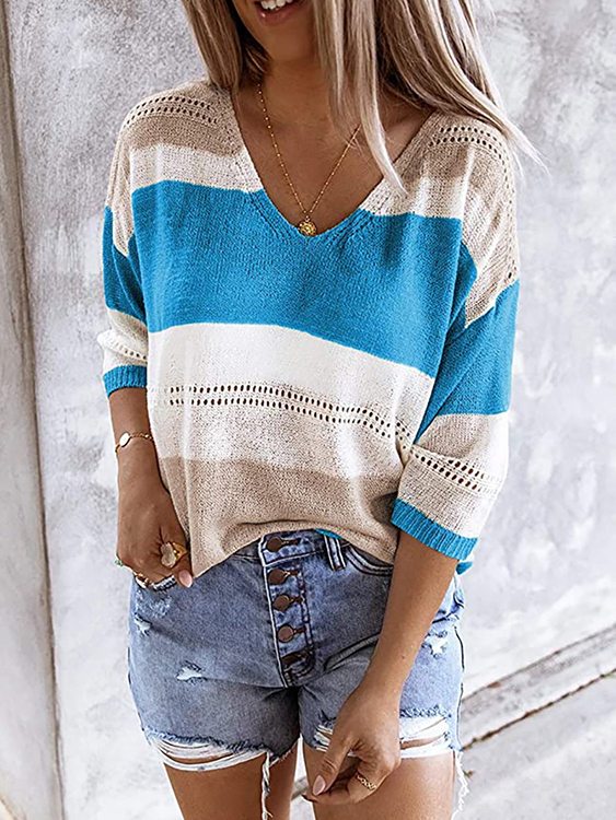 Color Block Hollow Design V-neck Long sleeves Sweater