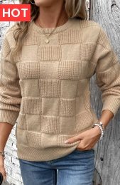 Light Coffee Patchwork Long Sleeve Round Neck Sweater