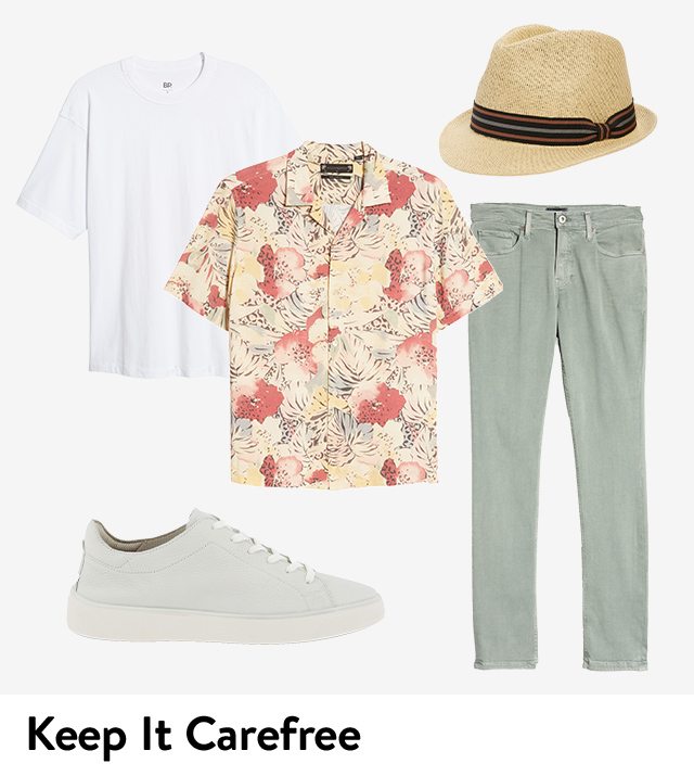 Men's white sneakers, white T-shirt, floral-print camp shirt, straw hat and pale-green pants.