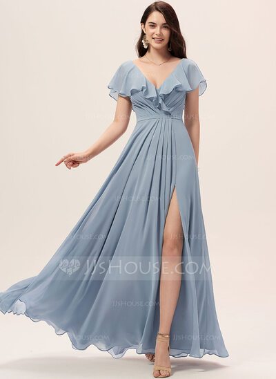 A-Line V-neck Floor-Length Bridesmaid Dress With Split Front...