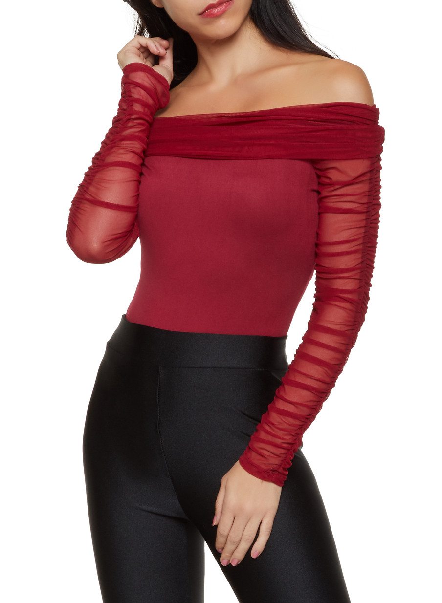 Ruched Mesh Sleeve Off the Shoulder Bodysuit