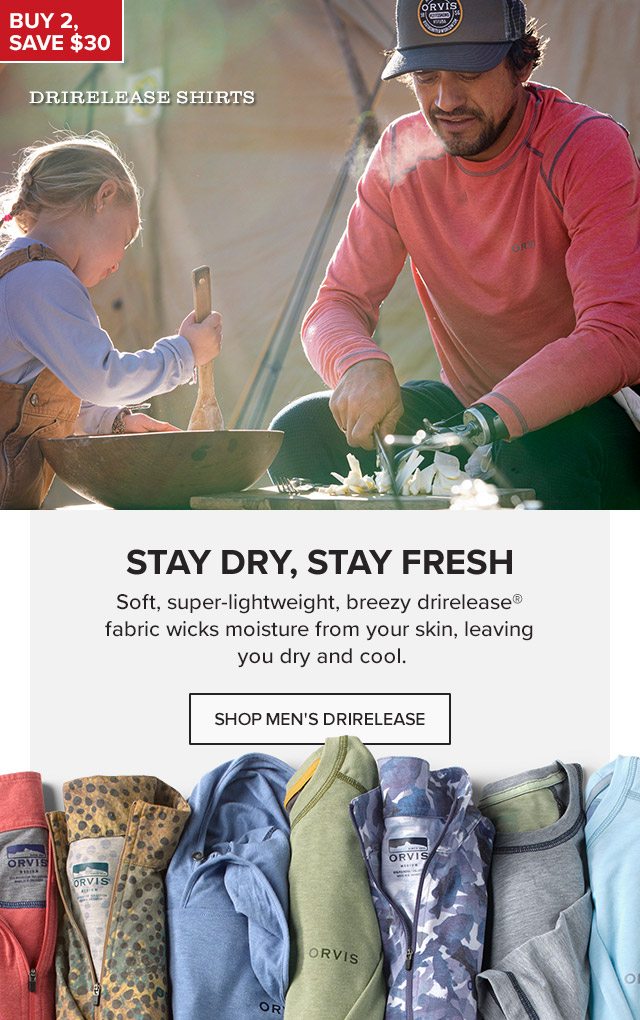 drirelease Shirts | Stay Dry, Stay Fresh | Soft, super-lightweight, breezy drirelease® fabric wicks moisture from your skin, leaving you dry and cool. | callout: Mix & Match, Save $20 When You Buy 2