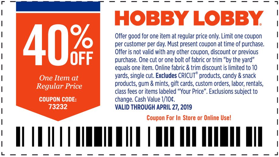 40% Off One Item At Regular Price. Valid through April 27, 2019.. *See Full Coupon For Details