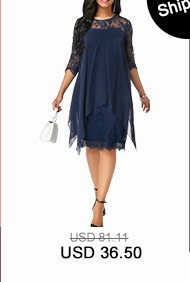 Three Quarter Sleeve Chiffon Overlay Navy Lace Dress