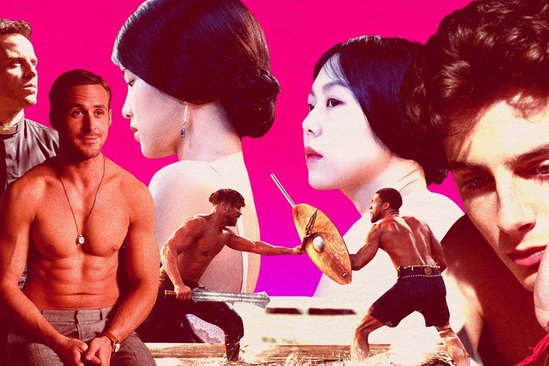 Collage of actors and actresses over a pink and purple background