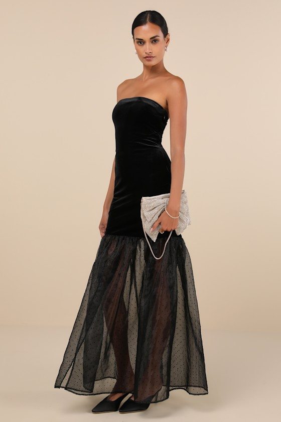 Image of Esteemed Glamour Black Velvet Strapless Trumpet Hem Maxi Dress