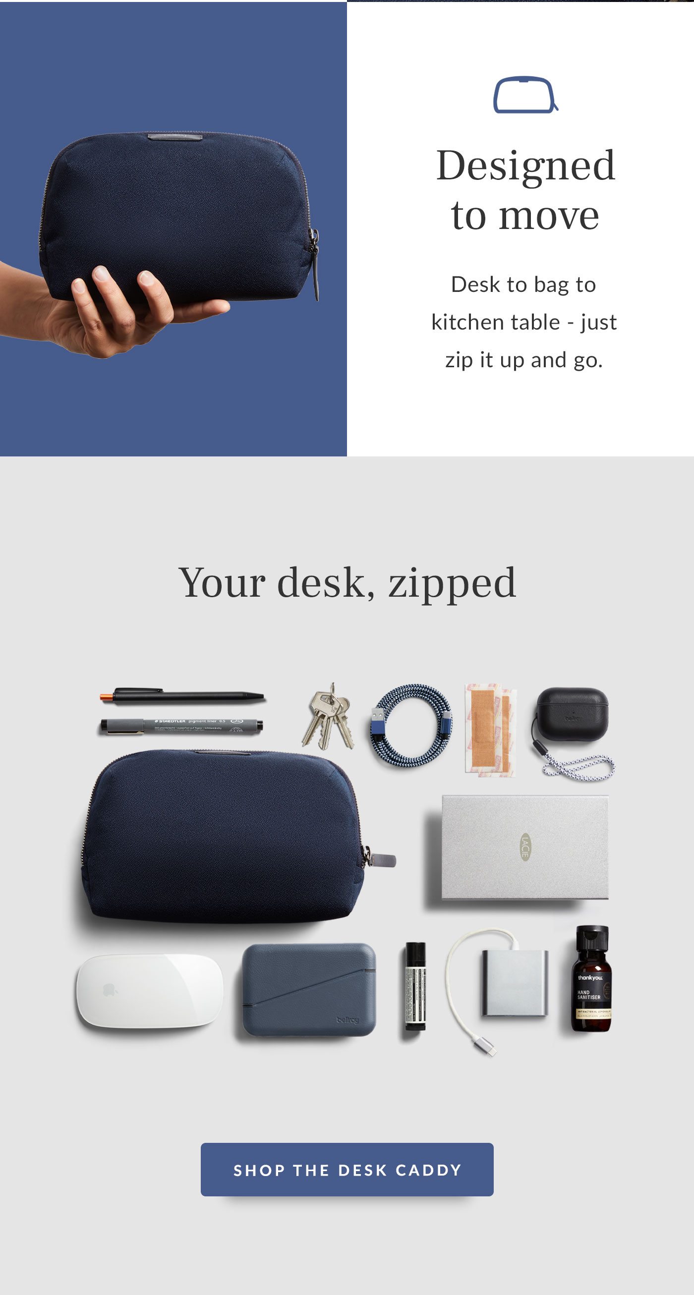 Feature 3: Designed to move, Flatlay, CTA: Shop the Desk Caddy