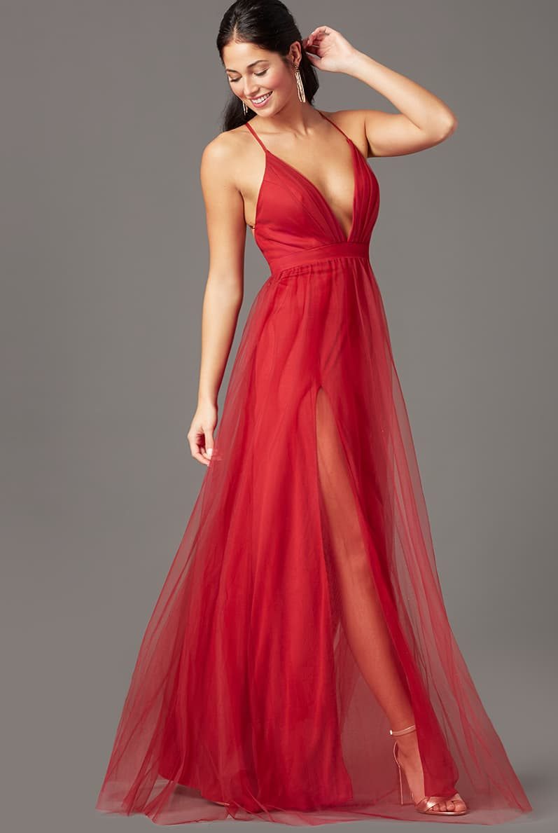 Long Tulle V-Neck Formal Prom Dress by PromGirl