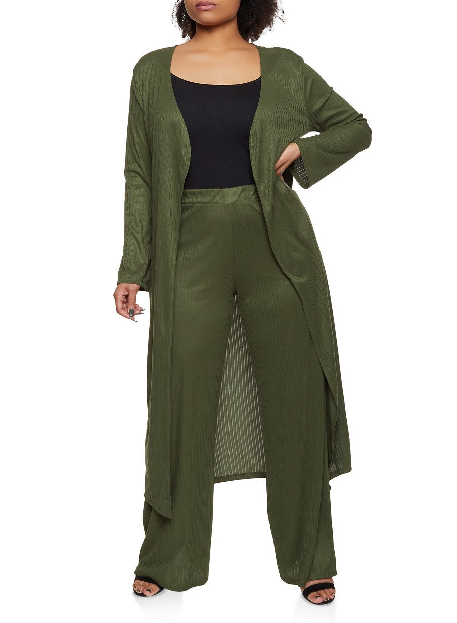 Plus Size Long Sleeve Ribbed Duster