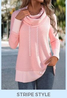 ROTITA Patchwork Striped Light Pink Cowl Neck Long Sleeve Sweatshirt