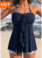 ROTITA Ruffle Navy Tropical Plants Print Tankini Set