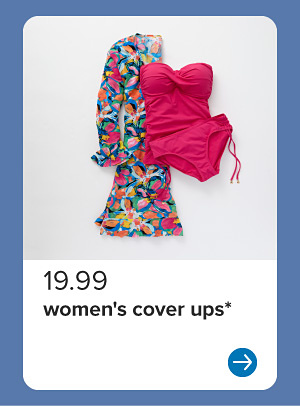 Image of a pink bathing suit and colorful coverup. 19.99 women's cover ups.