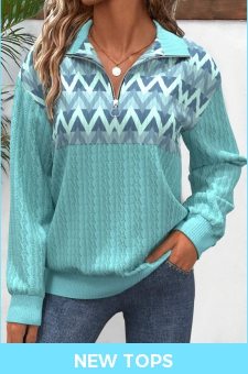 ROTITA Zipper Geometric Print Mint Green V Neck Sweatshirt