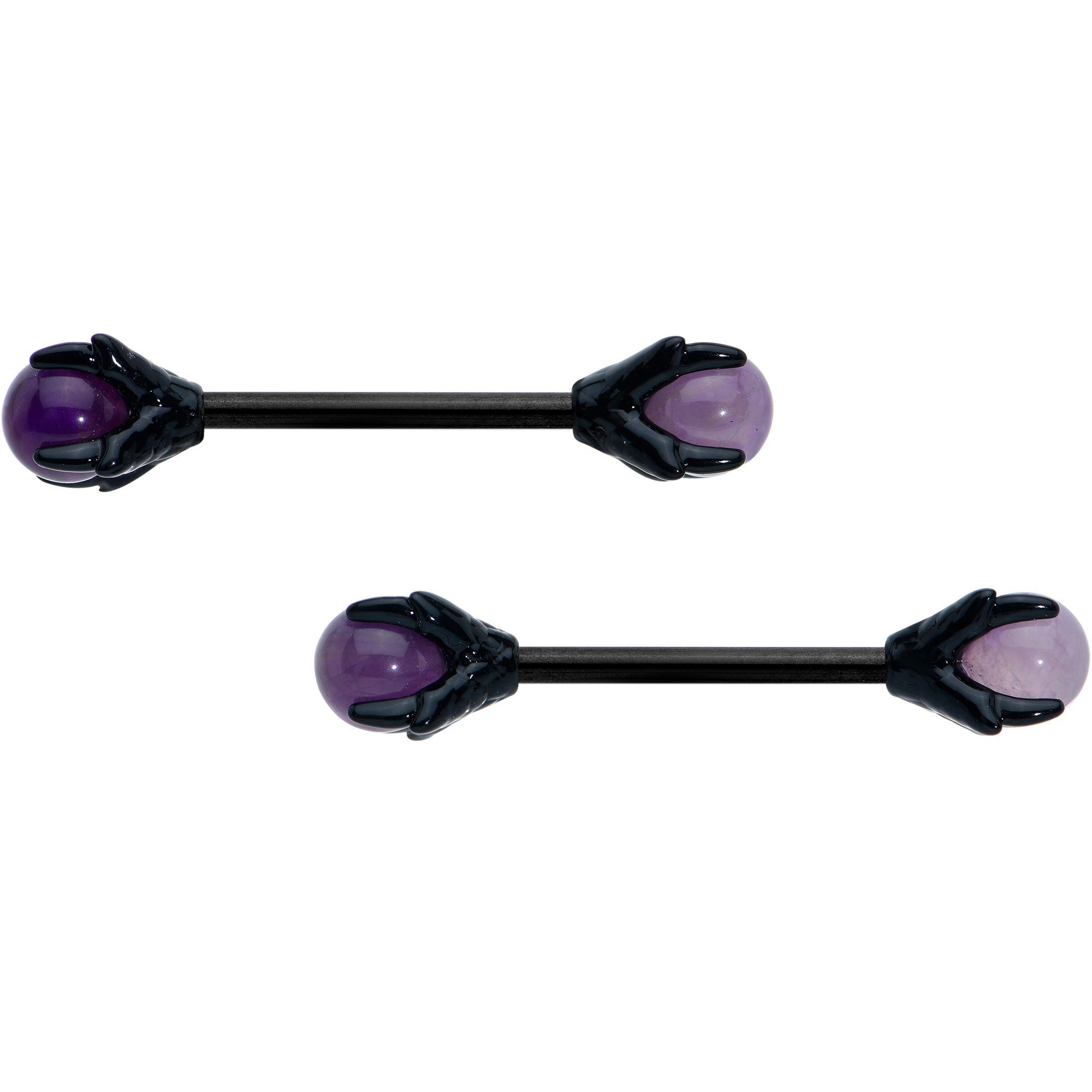 Image of 14 Gauge 9/16 Purple Amethyst Black Skeleton Hand Nipple Ring Set