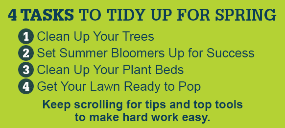 4 TASKS TO TIDY UP FOR SPRING - 1. Clean Up Your Trees | 2. Set Summer Bloomers Up for Success | 3. Clean Up Plant Beds | 4. Get Your Lawn Ready to Pop | Keep scrolling for tips and top tools to make hard work easy.